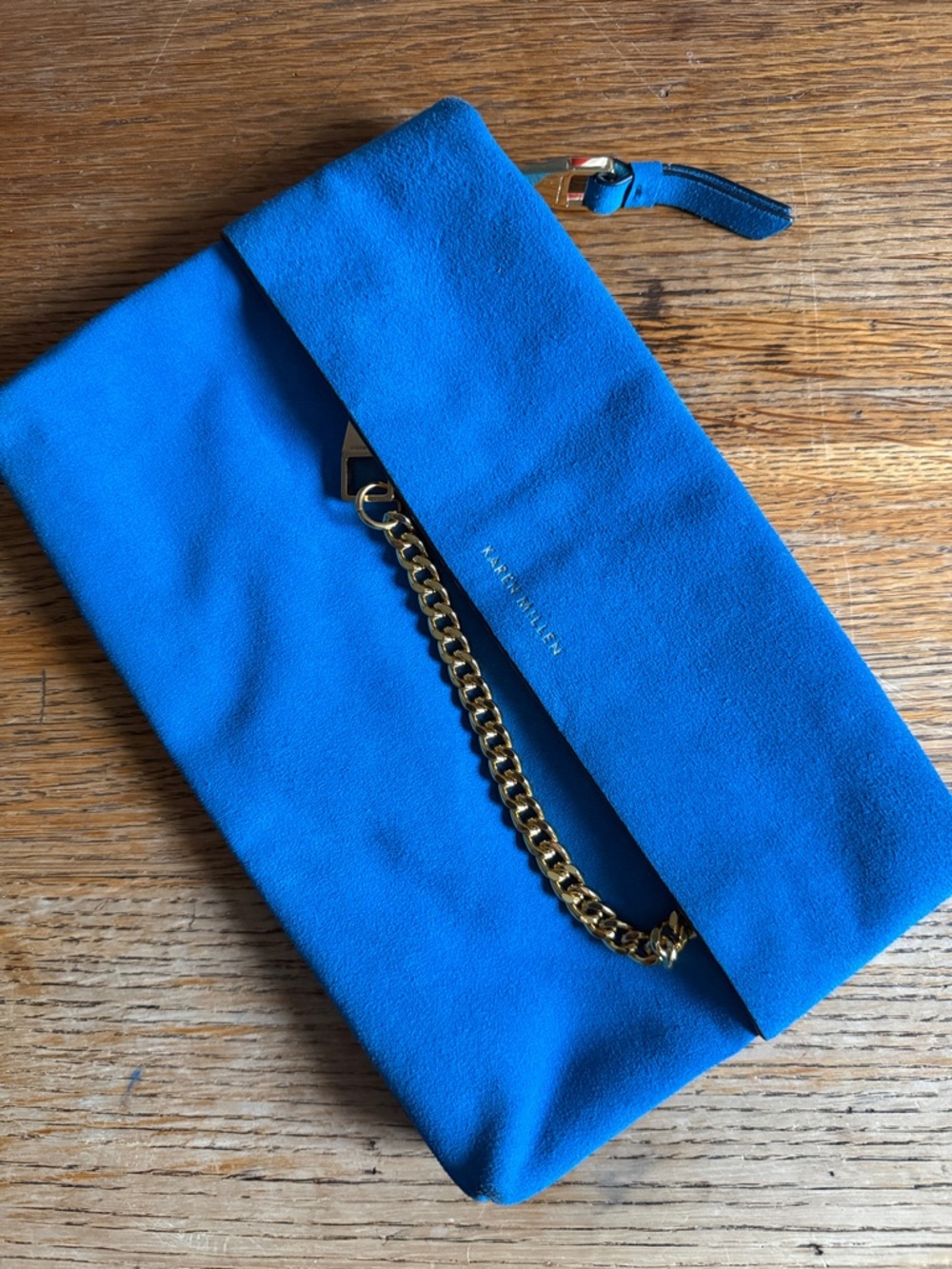 Karen Millen Bright Blue Suede Clutch with Gold Chain with duster bag